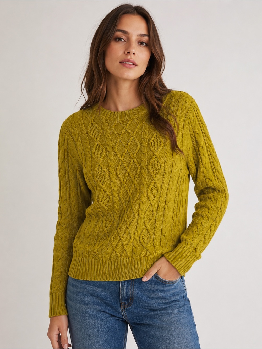 Jeanne Pierre Cable Knit Cotton Sweater Mustard Chartreuse Medium